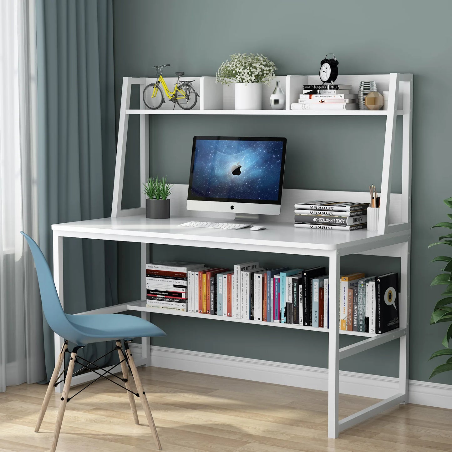 A smart desk-hutch combo that maximizes vertical space, offering ample room for work and storage — perfect for small apartments or tight home office setups.