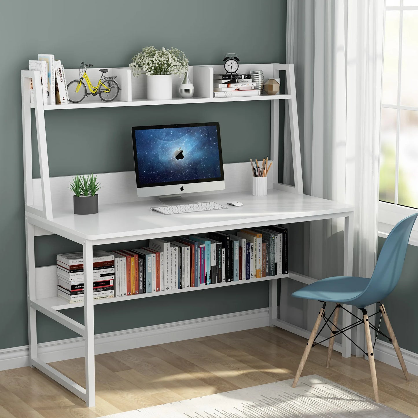 A smart desk-hutch combo that maximizes vertical space, offering ample room for work and storage — perfect for small apartments or tight home office setups.