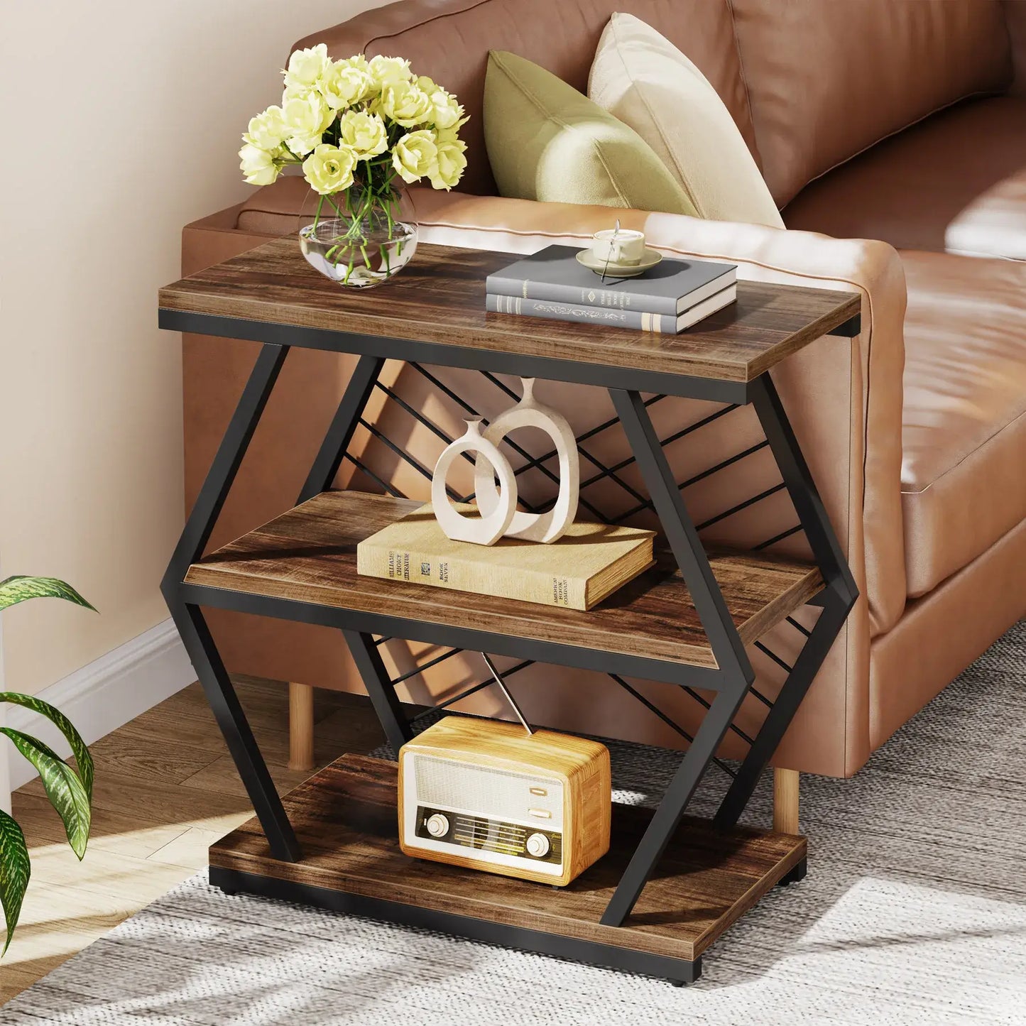 Industrial End Table with 3-Tier Storage – Rustic Wood & Metal Side Table for Living Room or Bedroom