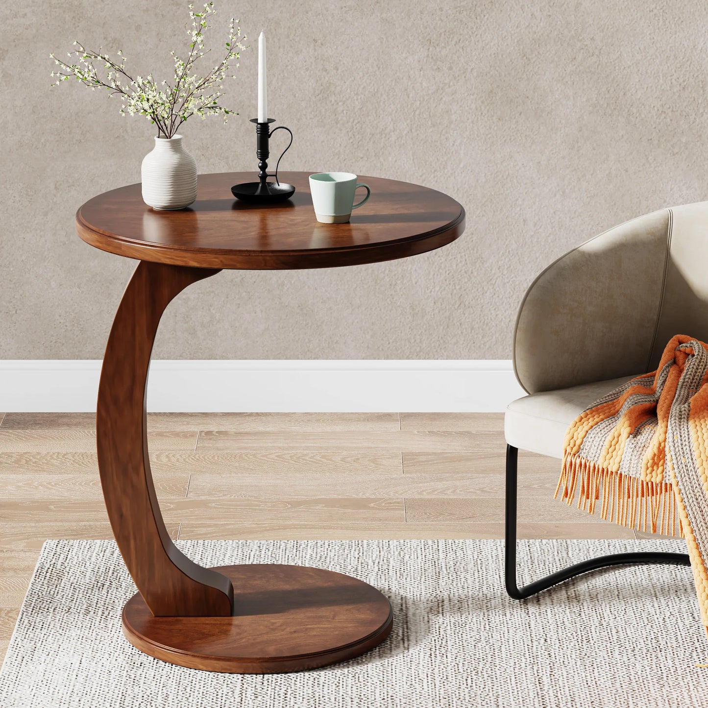 C-Shaped Round End Table – Retro Wood Side Table for Couch, Bed, or Living Room
