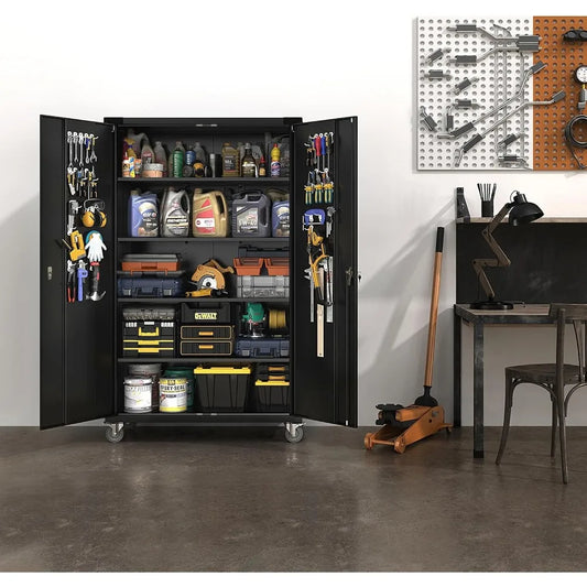 Wide Metal Garage Storage Cabinet with Pegboards, Lockable Doors, Wheels & Adjustable Shelves