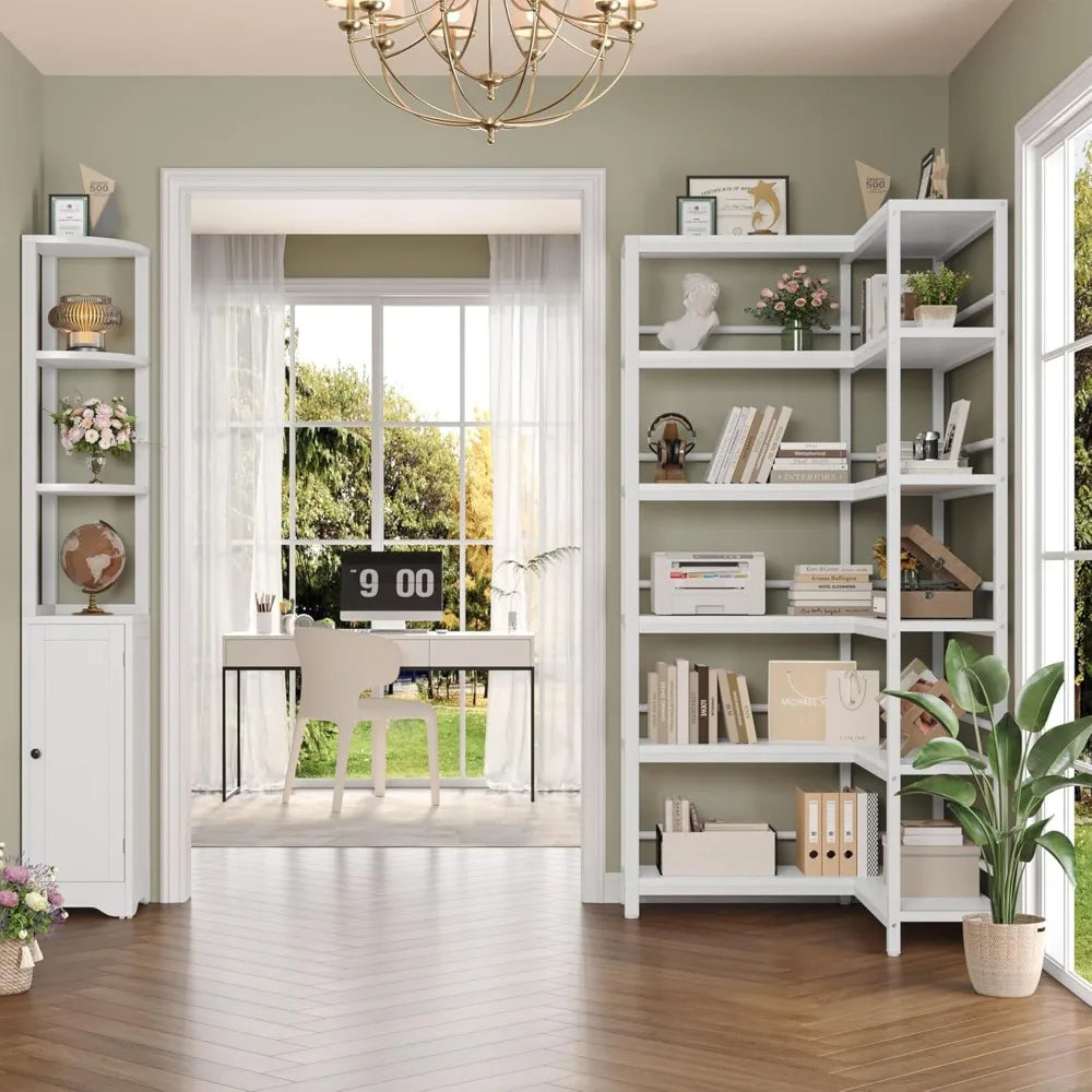 72" Tall White Corner Bookshelf – 6-Tier Space-Saving Display Shelf (Set of 2)