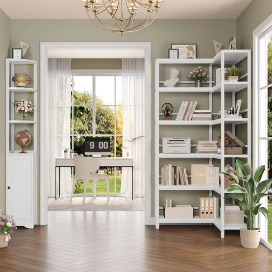 72" Tall White Corner Bookshelf – 6-Tier Space-Saving Display Shelf (Set of 2)