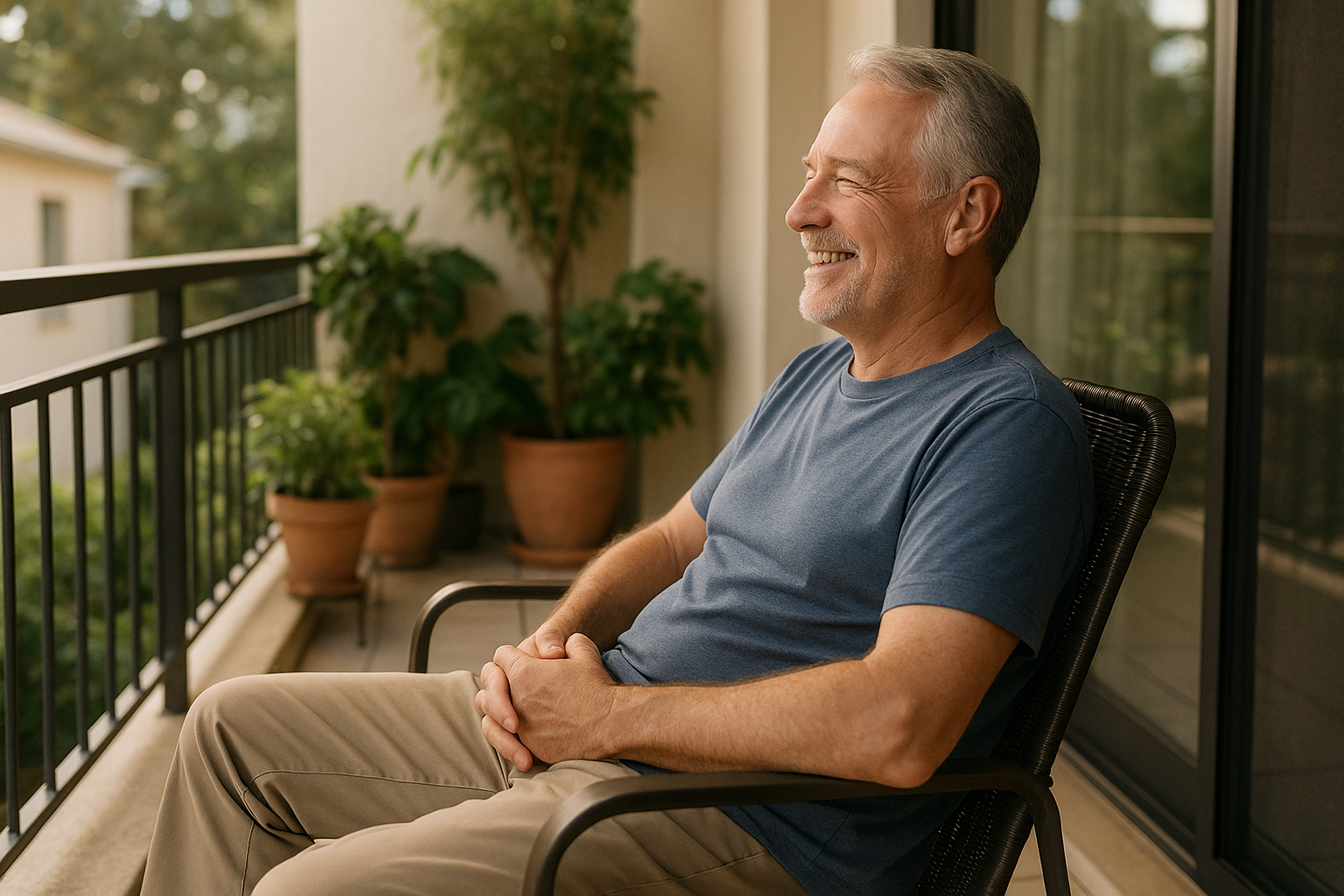 create an man image sit in his balcony with little bit side view with happy face sit on his chair in his balcony age between 50 to 60 