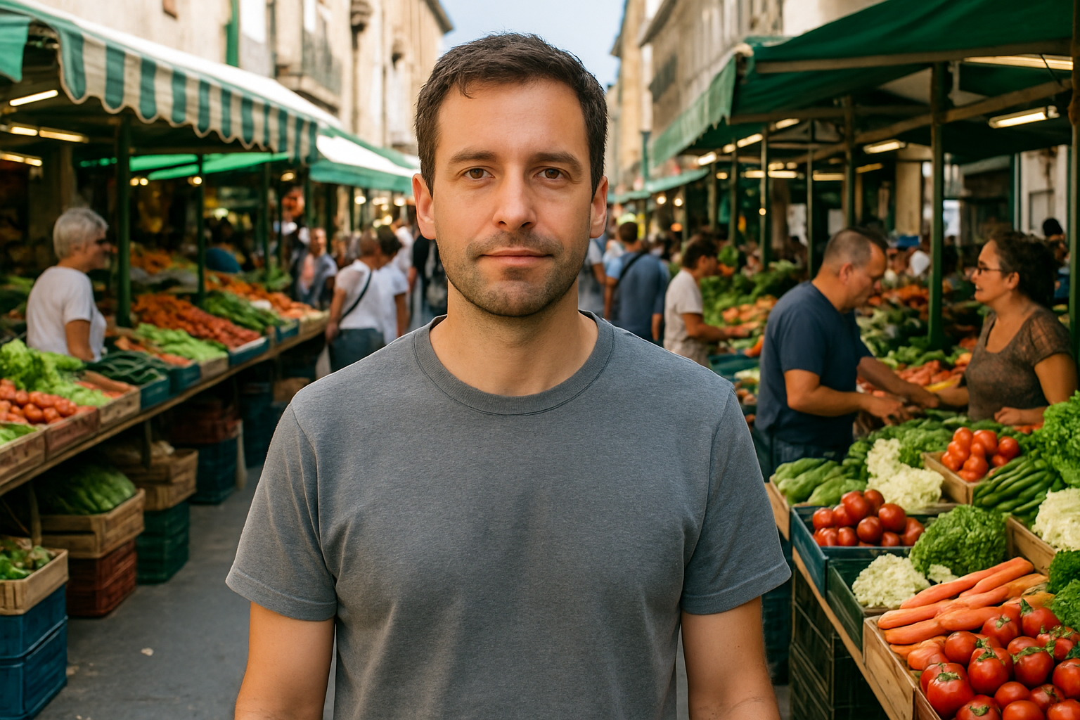 generate an man image with backgound should have clear backfound no blury and should be in an market place image should look real the man should be between 30 to 40 in normal clothers in t shirt