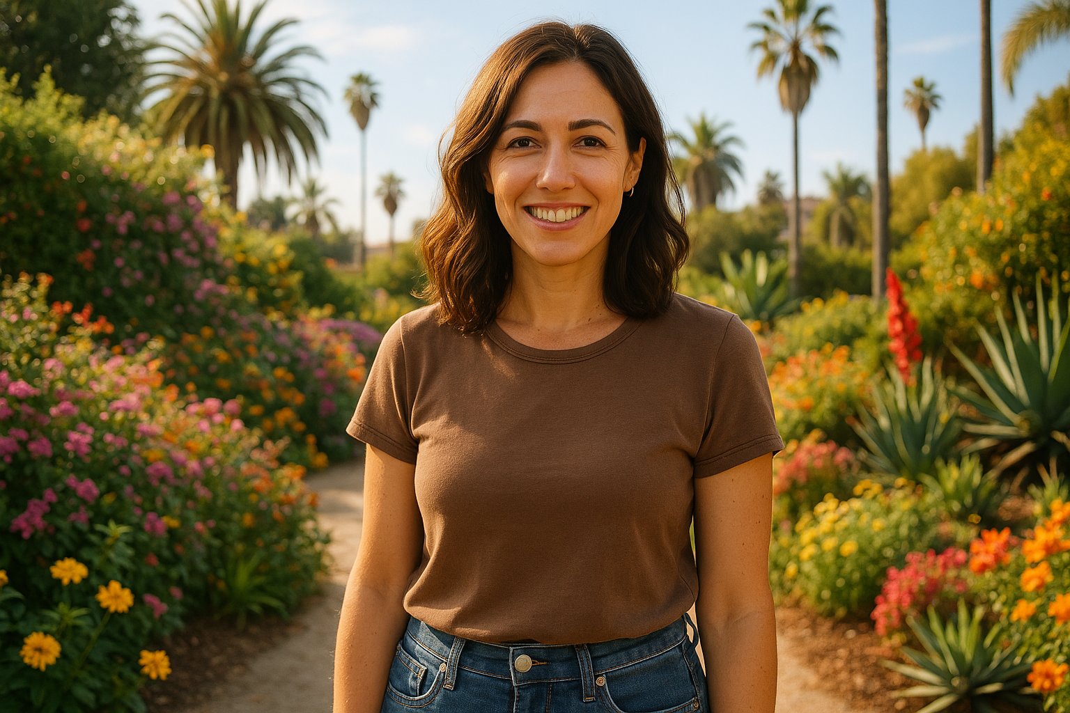 generate an women image from los angles with garden backfound age from 30 to 40