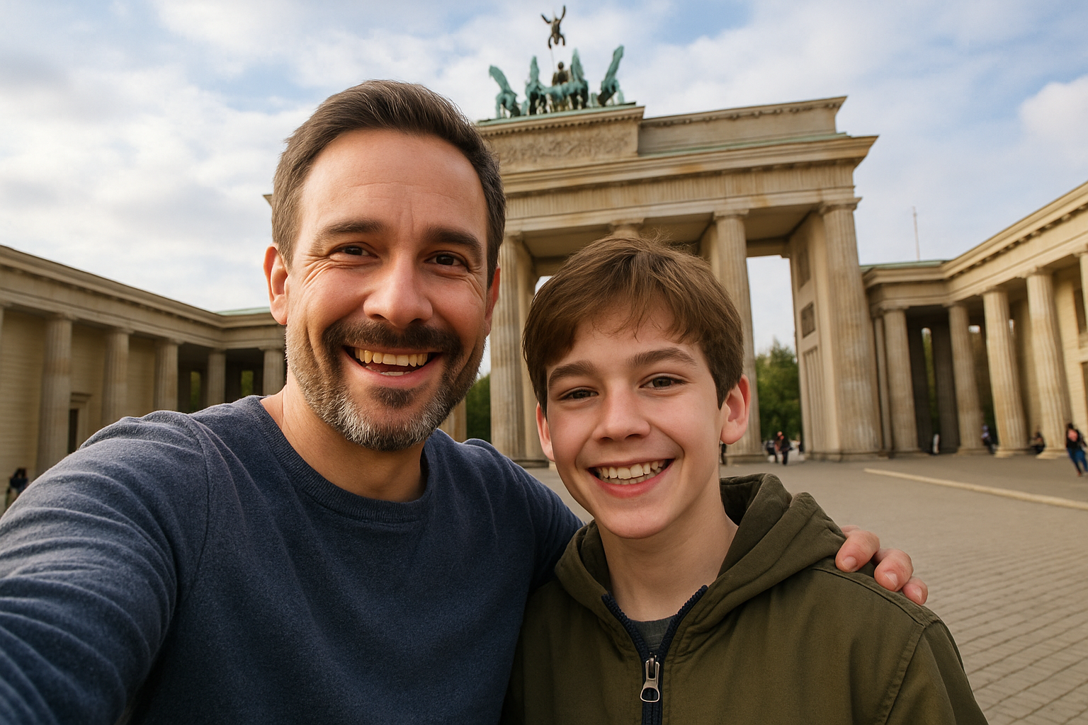 generate image from berlin of tow peoples like son and father image should look real and they are at any populr placce at berlin and imge should like they are taking selfie