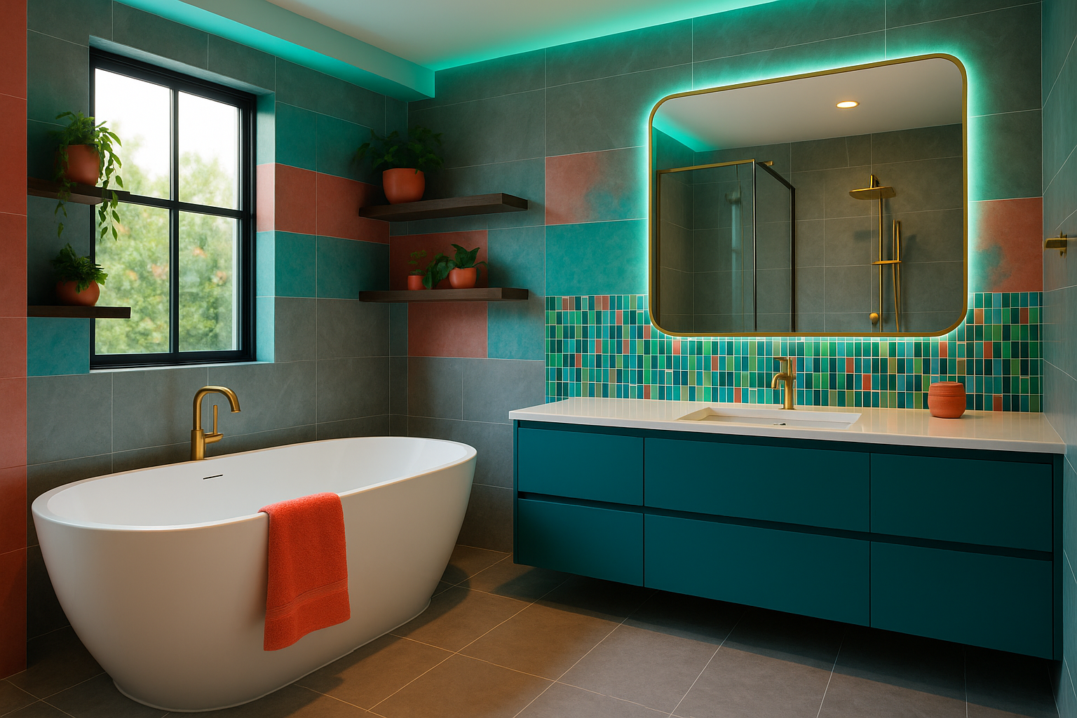 give me an bathroom image make it beautiful color full and attractive and modren