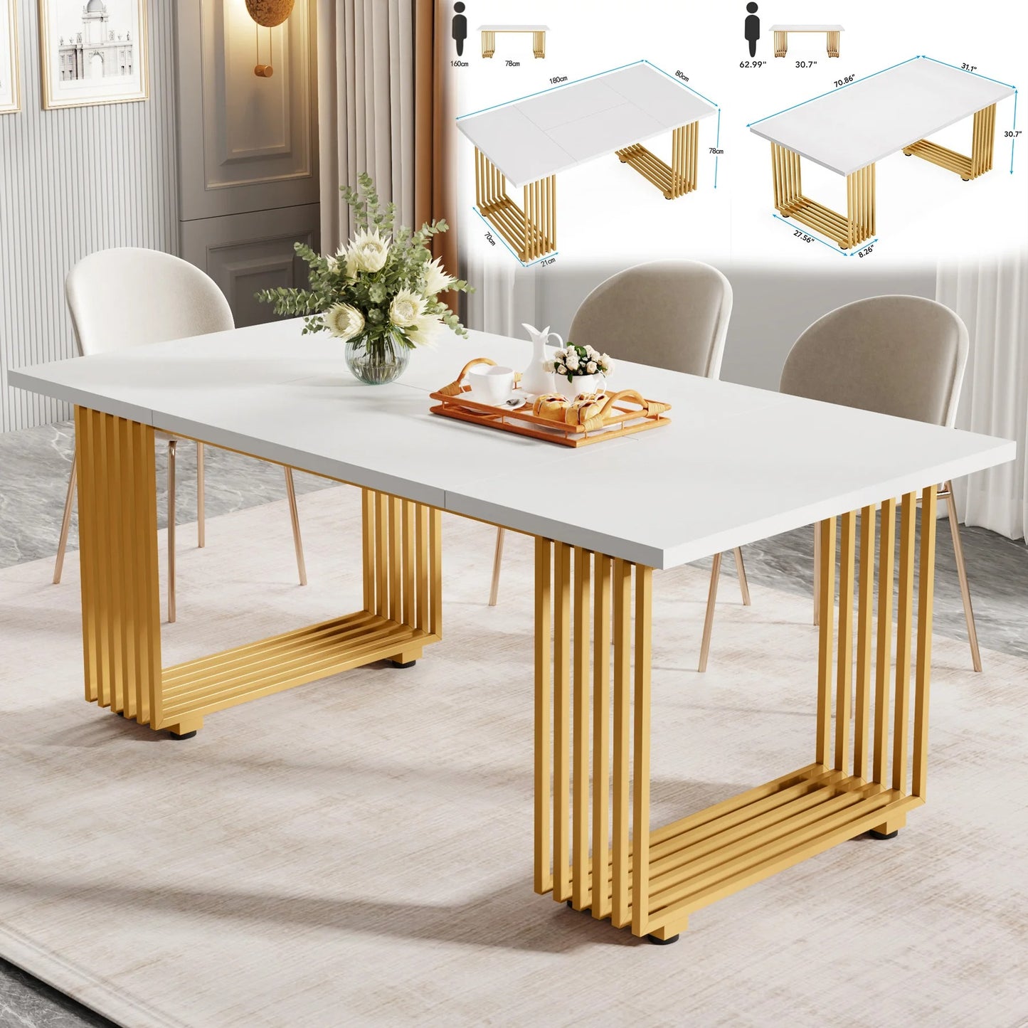 Elegant White Dining Table with Faux Marble Top – Modern Rectangular Table for 4 to 6 People with Gold Metal Legs