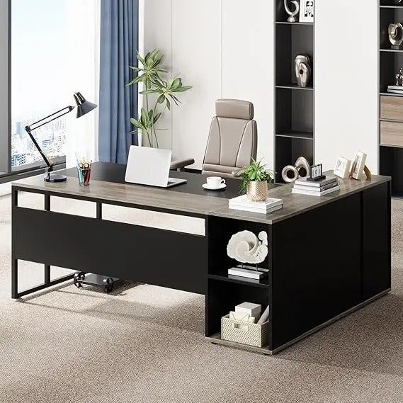 71" L-Shaped Executive Desk with Storage Cabinet – Modern Office Workstation with Shelves, Drawers & Printer Stand