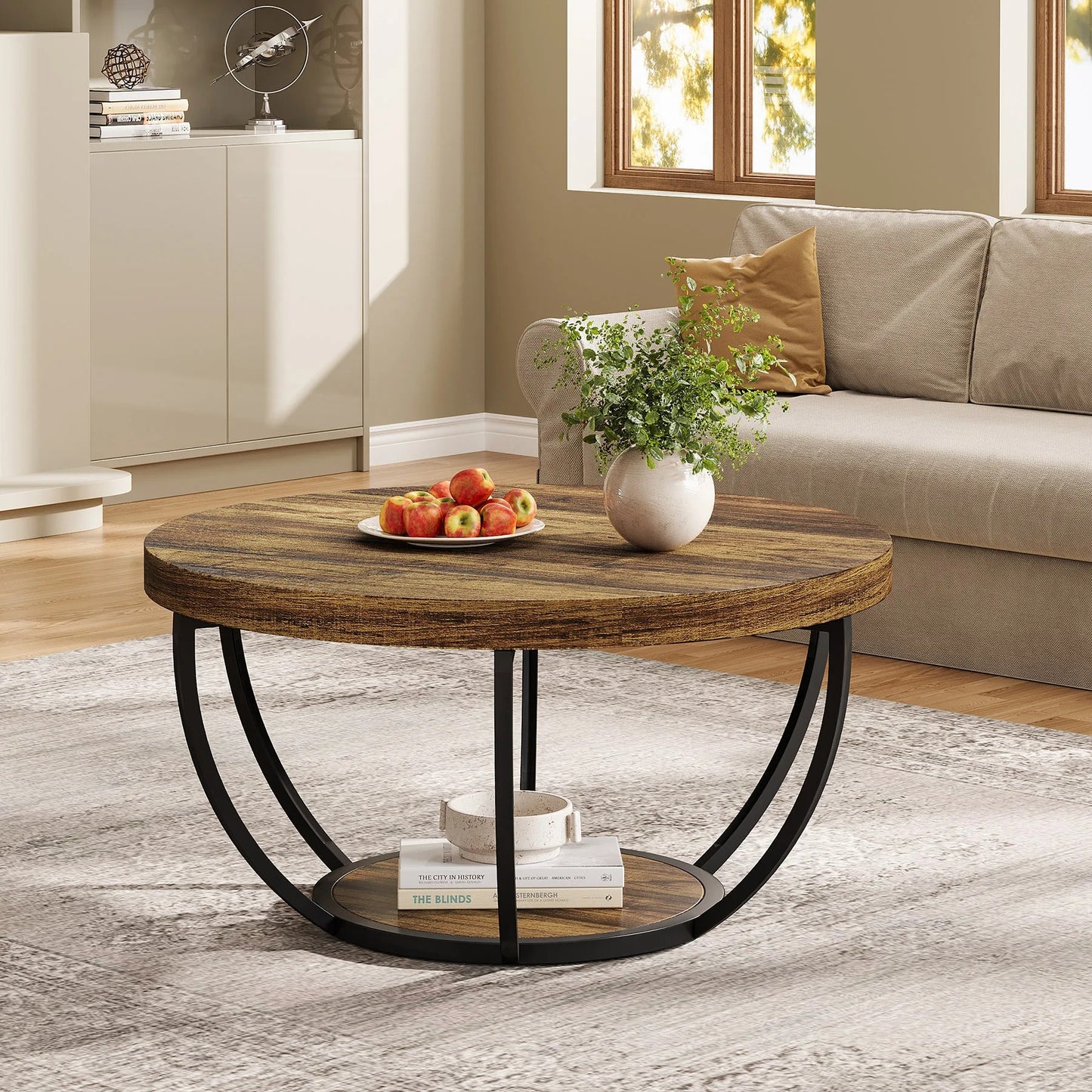 Modern Round Coffee Table with Storage – 2-Tier Wooden Circle Table for Living Room or Office