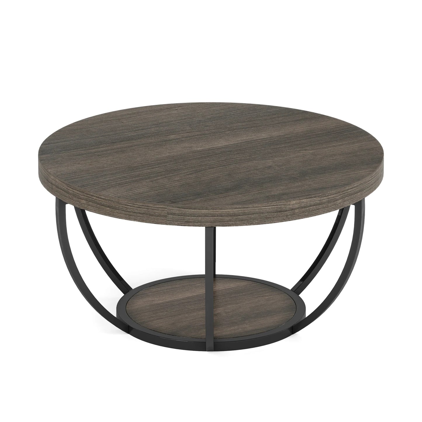 Modern Round Coffee Table with Storage – 2-Tier Wooden Circle Table for Living Room or Office