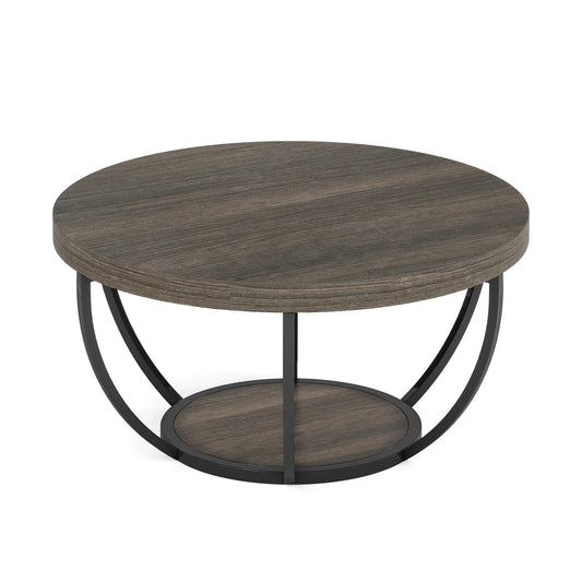 Modern Round Coffee Table with Storage – 2-Tier Wooden Circle Table for Living Room or Office