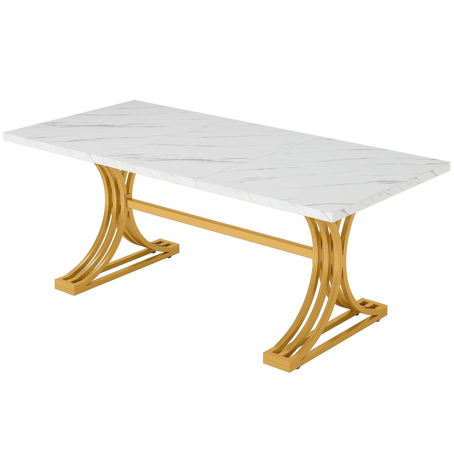 Elegant White Dining Table with Faux Marble Top – Modern Rectangular Table for 4 to 6 People with Gold Metal Legs