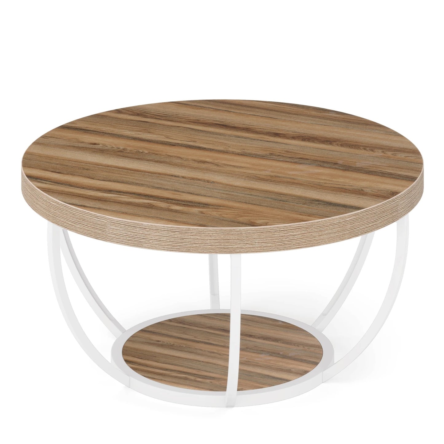 Modern Round Coffee Table with Storage – 2-Tier Wooden Circle Table for Living Room or Office