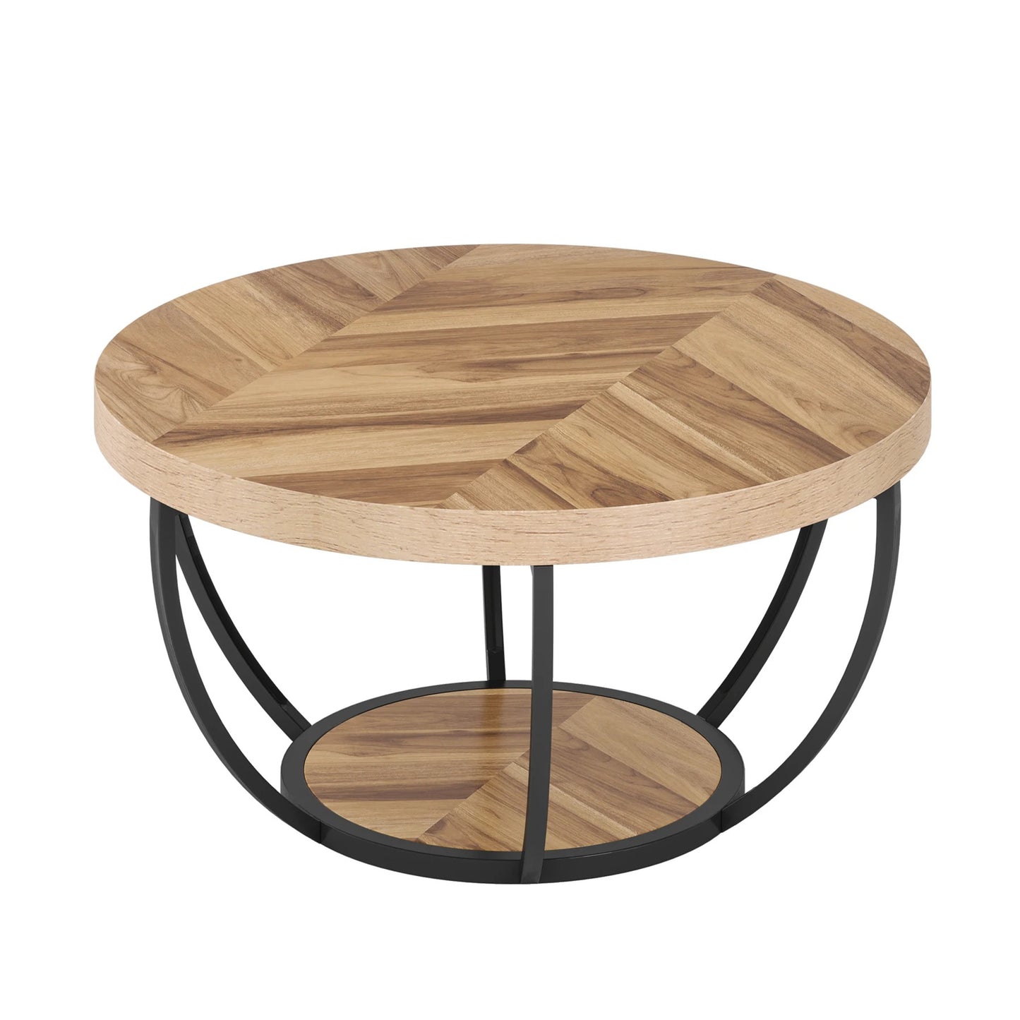 Modern Round Coffee Table with Storage – 2-Tier Wooden Circle Table for Living Room or Office