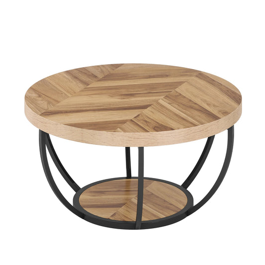Modern Round Coffee Table with Storage – 2-Tier Wooden Circle Table for Living Room or Office