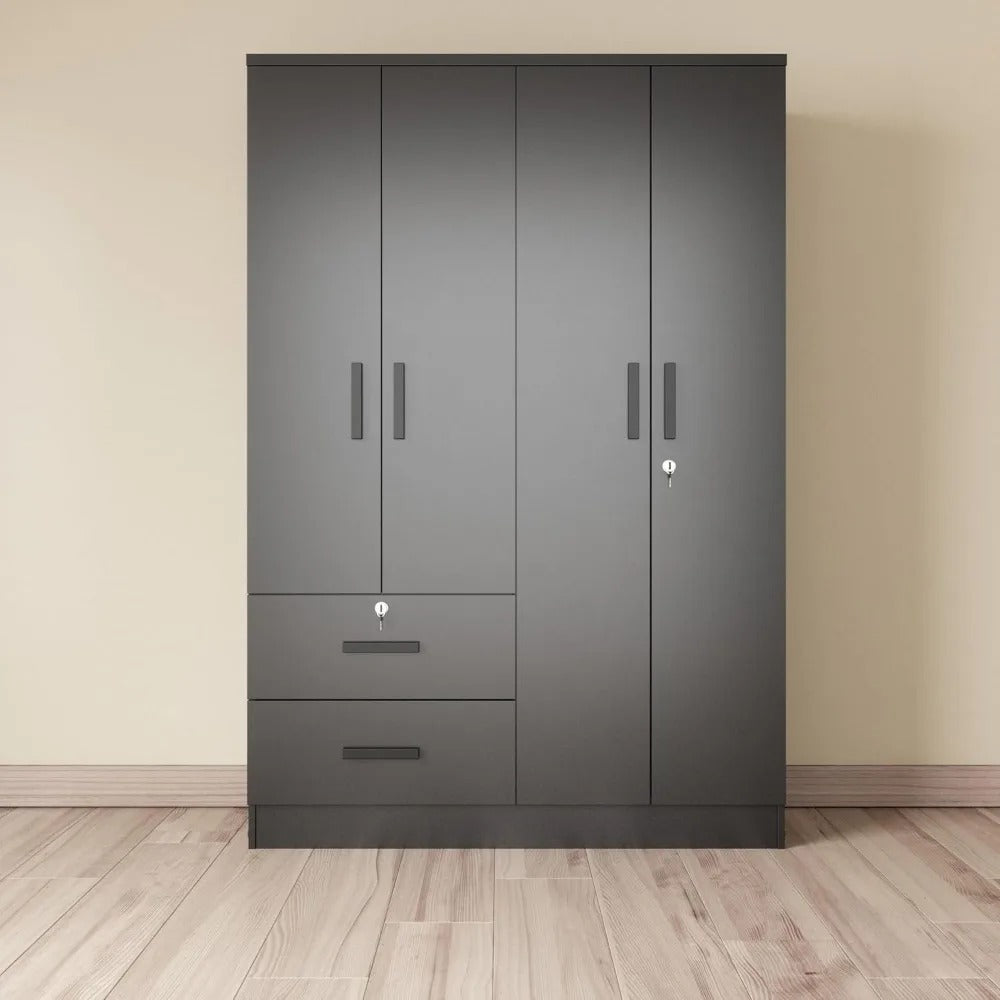 72" Black 4-Door Wardrobe with Lockable Storage, Hanging Rod & 2 Drawers – Modern Closet Organizer
