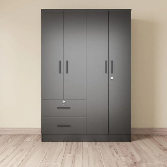 72" Black 4-Door Wardrobe with Lockable Storage, Hanging Rod & 2 Drawers – Modern Closet Organizer