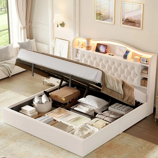 King Bed Frame with Storage, LED Lights & USB Ports – Upholstered with Lift-Up Hydraulic Design