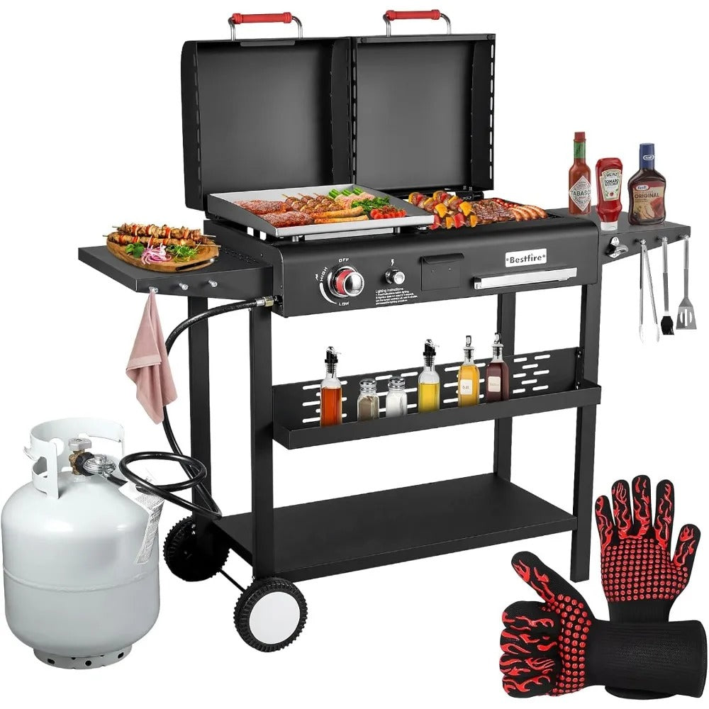 Dual Fuel Gas & Charcoal Grill Combo – Portable BBQ Grill with Flat Top, Side Shelves & Dual Lids