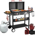 Dual Fuel Gas & Charcoal Grill Combo – Portable BBQ Grill with Flat Top, Side Shelves & Dual Lids