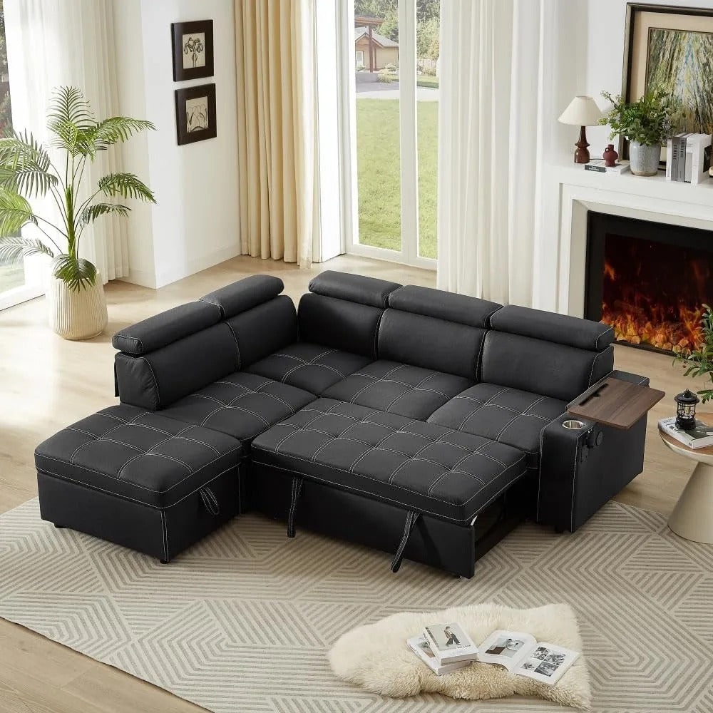 90-Inch Sleeper Sofa with Pull-Out Bed, Recliner, Adjustable Headrests & Storage Ottoman