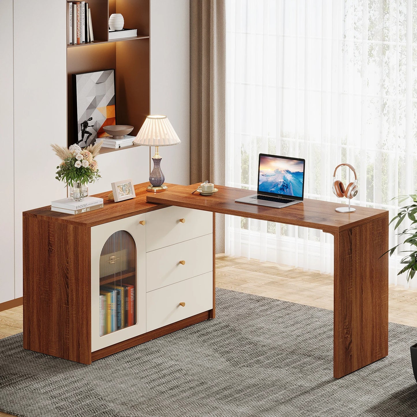 Modern L-Shaped Computer Desk with Drawers and Reversible Cabinet