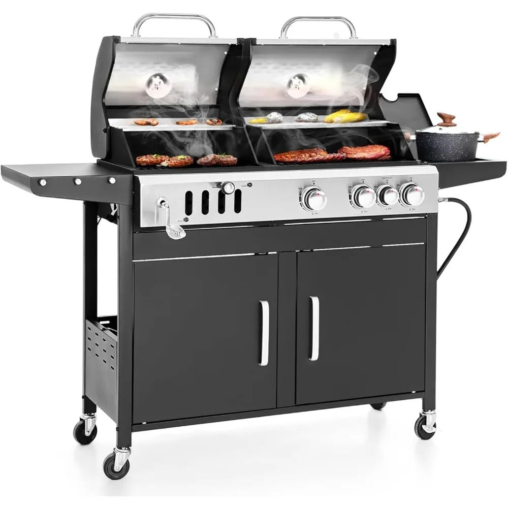 Dual Fuel Gas & Charcoal Grill Combo – 690 Sq.In. BBQ Grill with Side Burner, Porcelain Cast Iron Grates, Removable Grease Tray