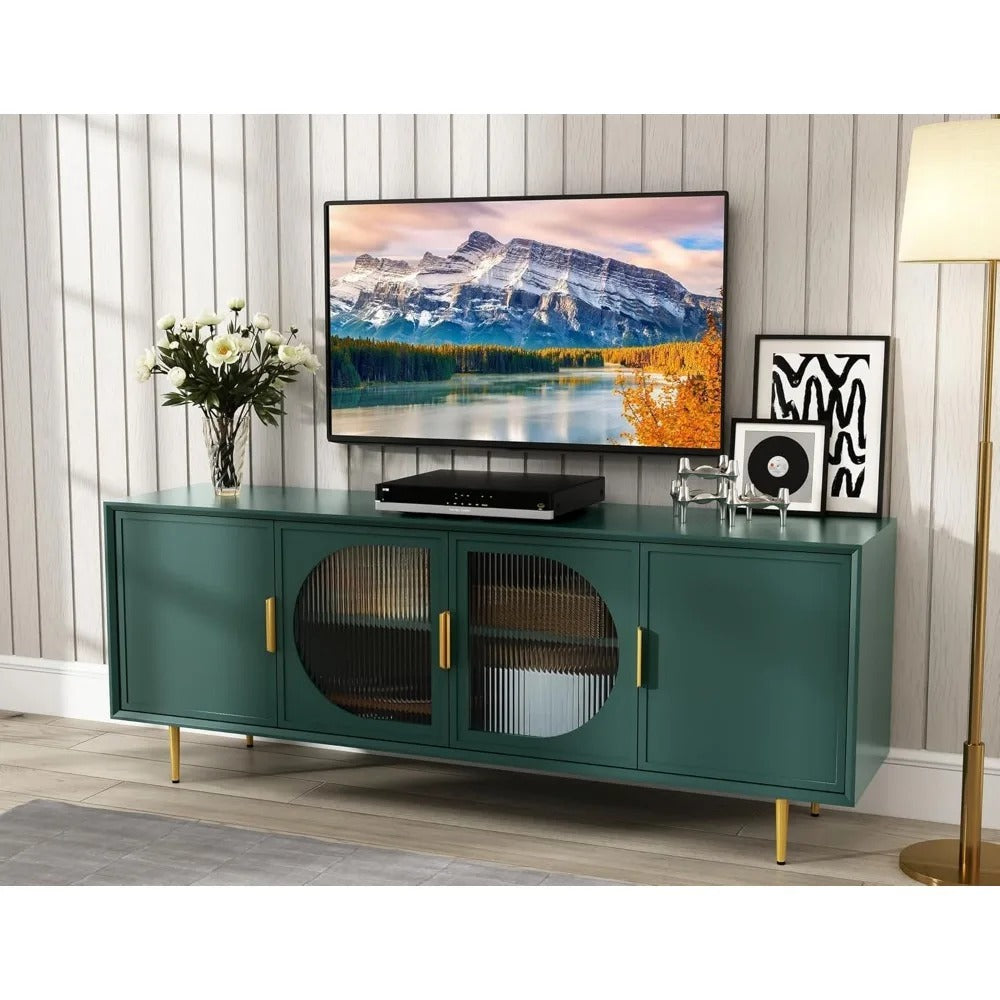 Modern 66" TV Stand for Up to 75" TVs – Green Entertainment Center with Glass Doors, Gold Legs & Storage Cabinets