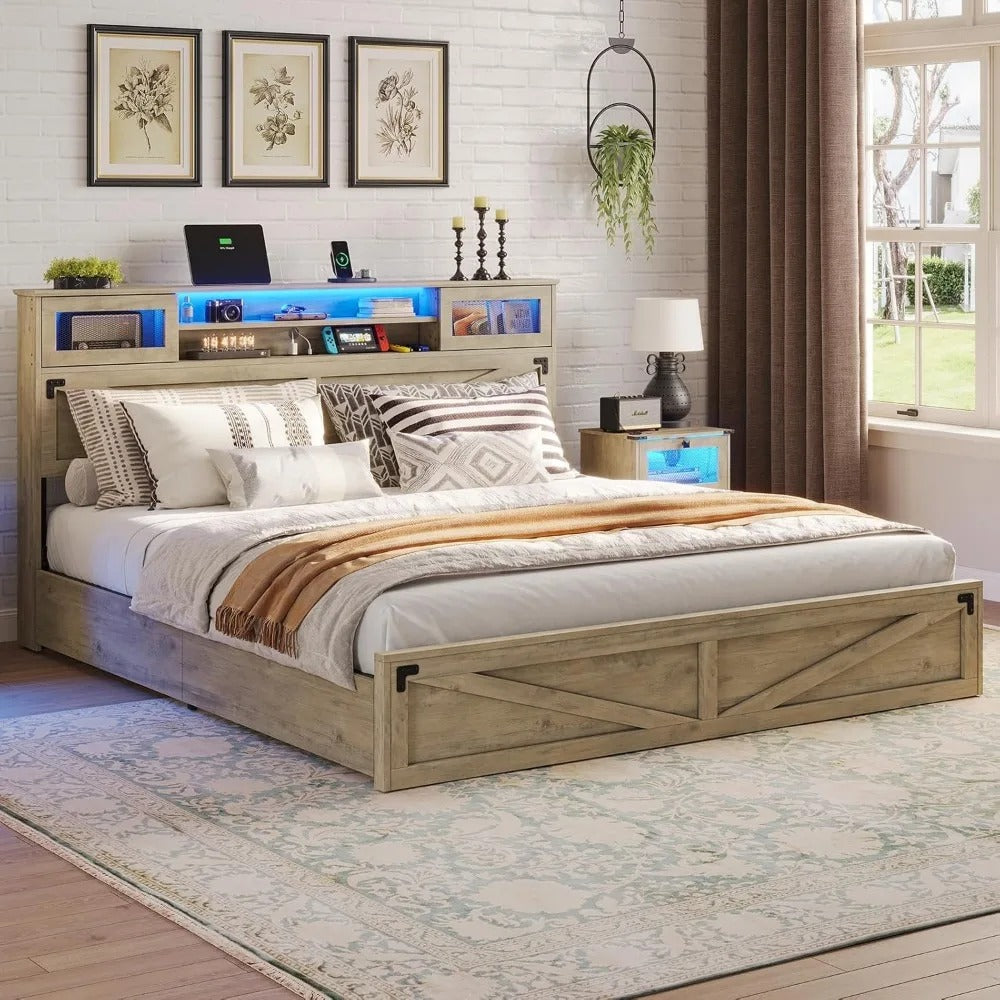 King Farmhouse Bed Frame with Bookcase Headboard, Drawers & LED Lights – Rustic Oak Platform, No Box Spring Needed