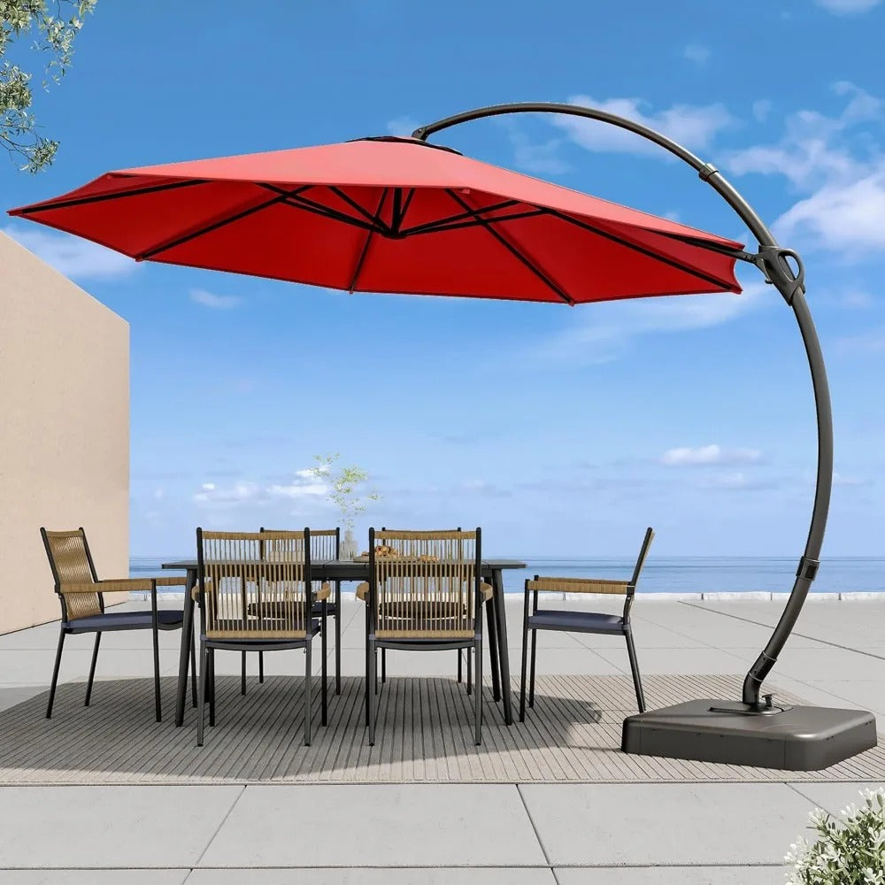 11 FT Cantilever Patio Umbrella with Base – 360° Rotating Offset Umbrella, Heavy-Duty UV & Water-Resistant Fabric, Red