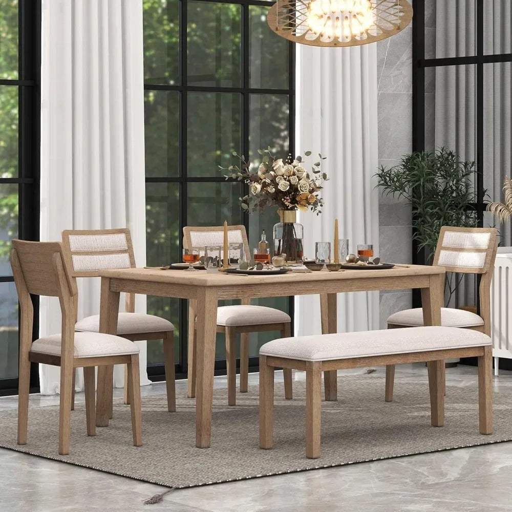 6-Piece Dining Set – Classic Wood Table, 4 Upholstered Chairs & Bench, Natural Finish, Traditional Style