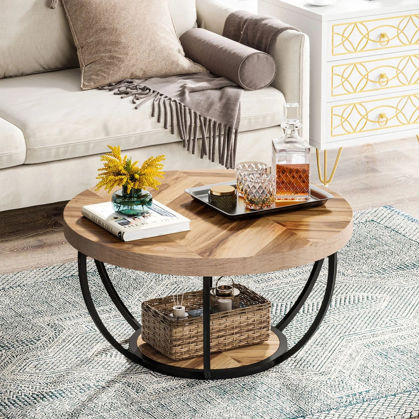 Modern Round Coffee Table with Storage – 2-Tier Wooden Circle Table for Living Room or Office