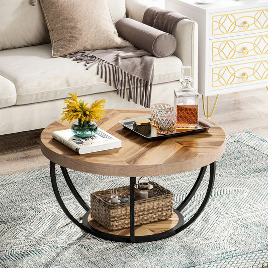 Modern Round Coffee Table with Storage – 2-Tier Wooden Circle Table for Living Room or Office