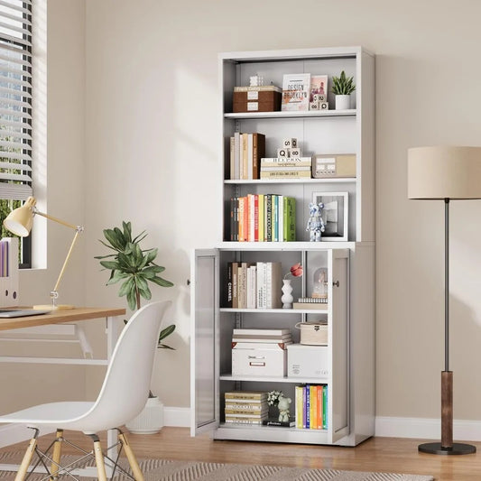 6-Tier Adjustable Metal Bookshelf with Doors – Tall Storage Shelf for Home & Office, 71.6” Height