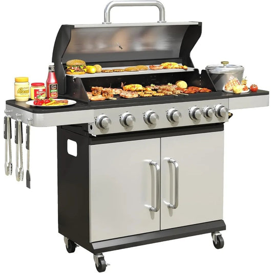 6-Burner Propane BBQ Grill with Side Burner – 65,500 BTU Outdoor Gas Grill with Cast Iron Grates & Prep Space