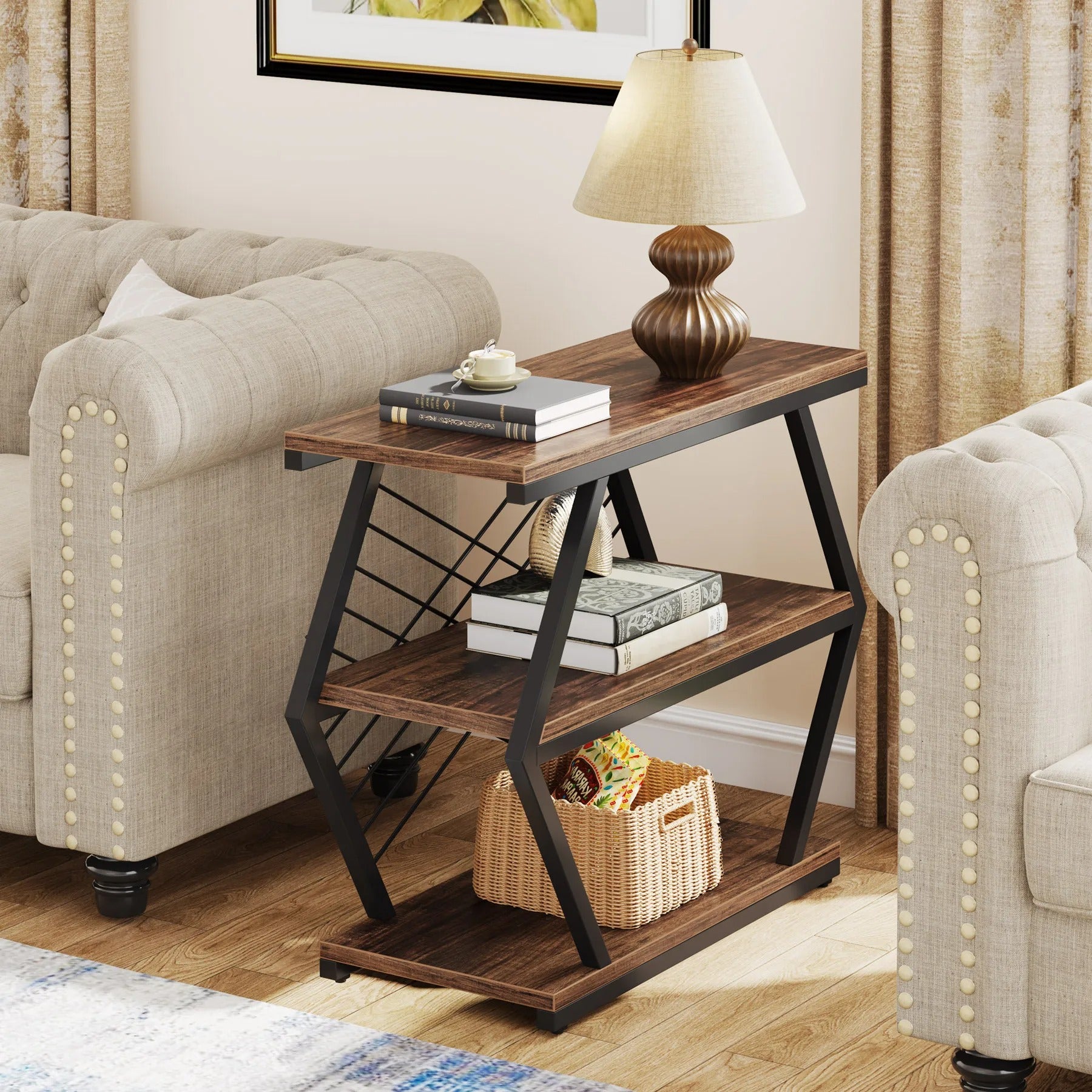 Industrial End Table with 3-Tier Storage – Rustic Wood & Metal Side Table for Living Room or Bedroom