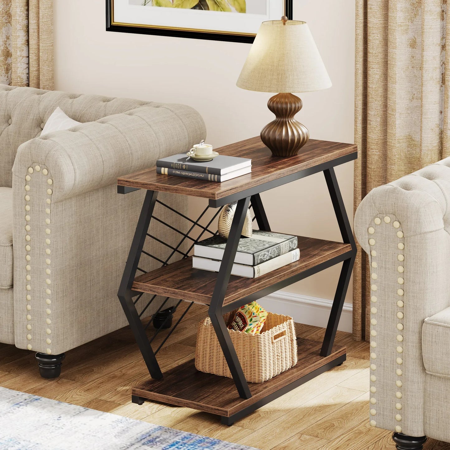 Industrial End Table with 3-Tier Storage – Rustic Wood & Metal Side Table for Living Room or Bedroom
