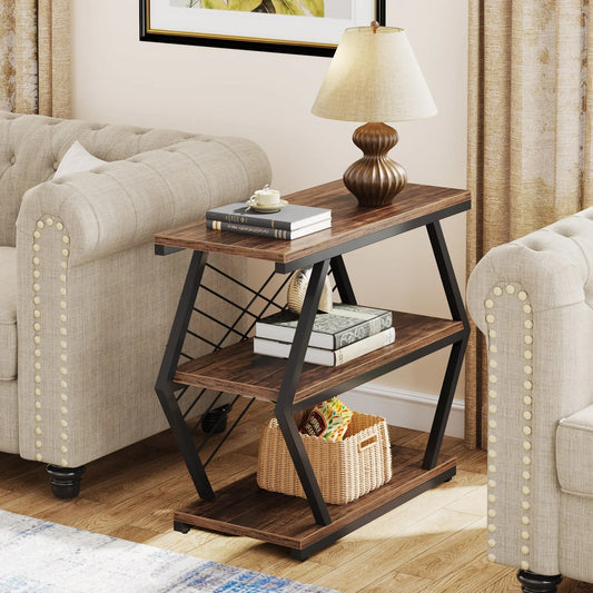 Industrial End Table with 3-Tier Storage – Rustic Wood & Metal Side Table for Living Room or Bedroom