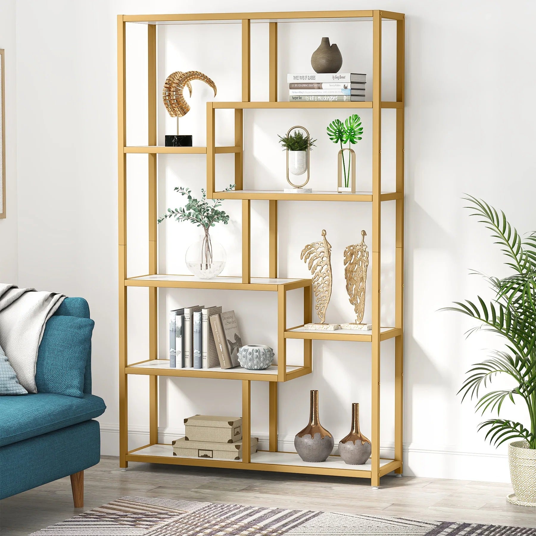 Modern Gold Display Bookshelf with Faux Marble – 8 Open Shelves Geometric Etagere for Living Room or Office