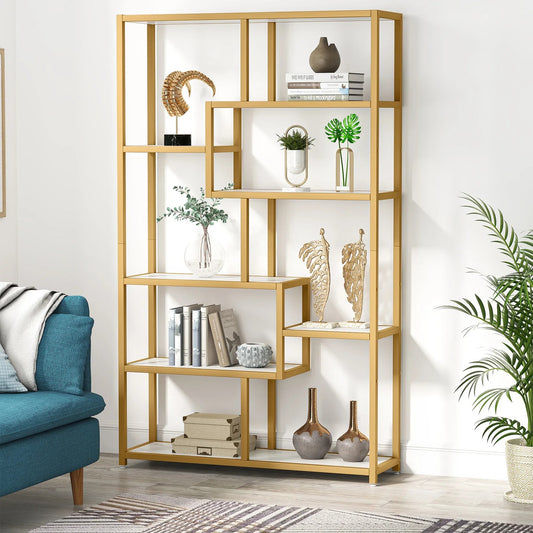 Modern Gold Display Bookshelf with Faux Marble – 8 Open Shelves Geometric Etagere for Living Room or Office