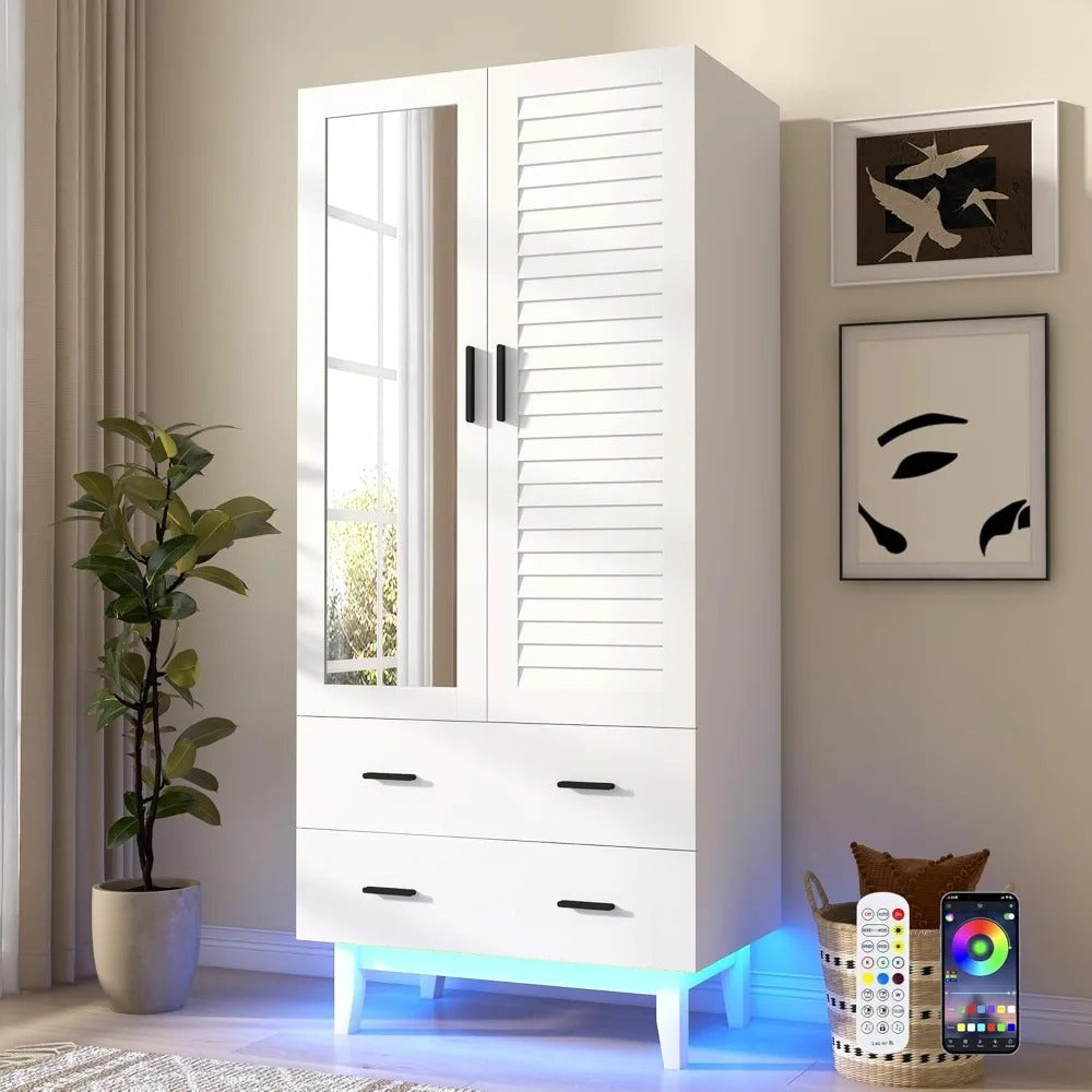 2-Door Armoire Wardrobe Closet with Drawers & LED Lights – Hanging Rod, Shelves, and Louver Doors, White Modern Storage Cabinet