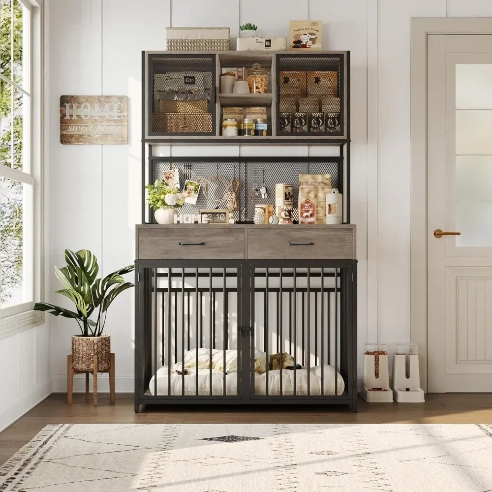 71" Tall Wooden Dog Crate Furniture with Hutch – Indoor Dog Kennel with Drawers & Storage (Fits 42" Dog Cage)