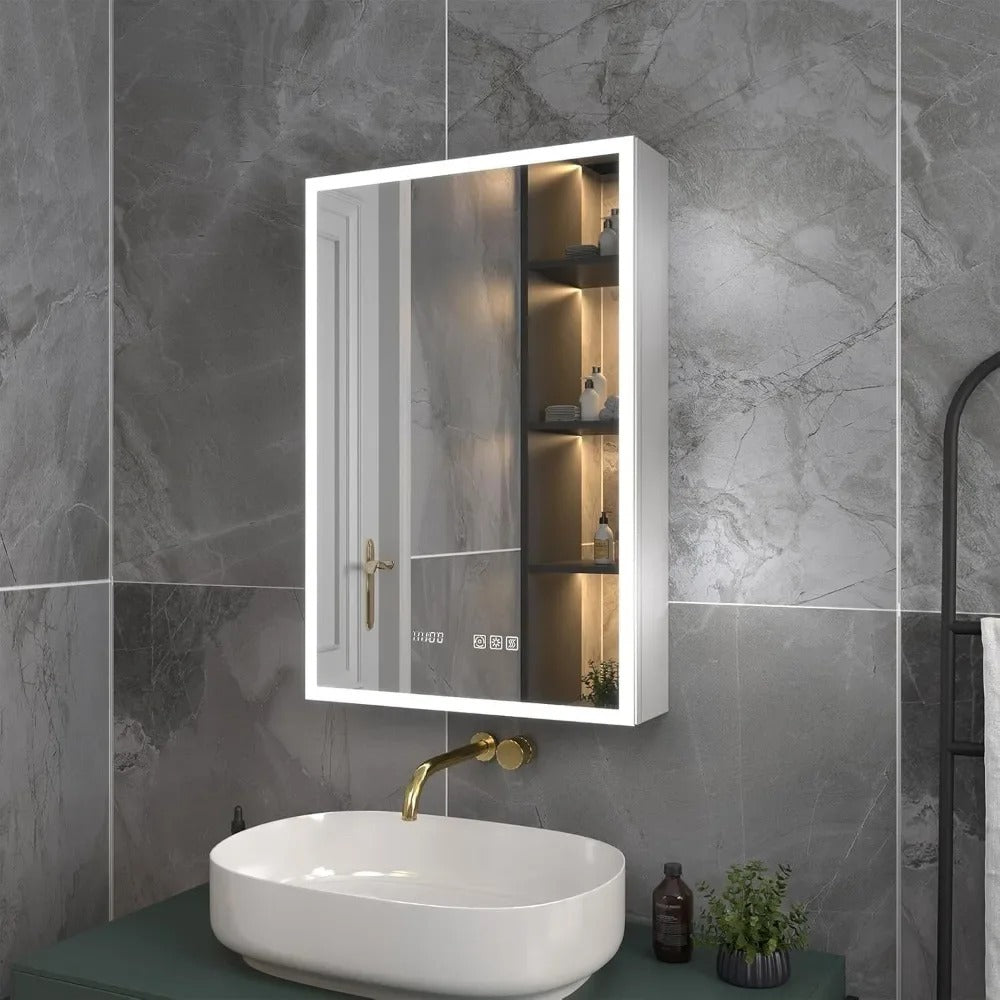 20x30" LED Medicine Cabinet with Mirror – Dimmable, Defogger, Clock, Temp Display, USB Ports & Recessed/Wall Mount Options