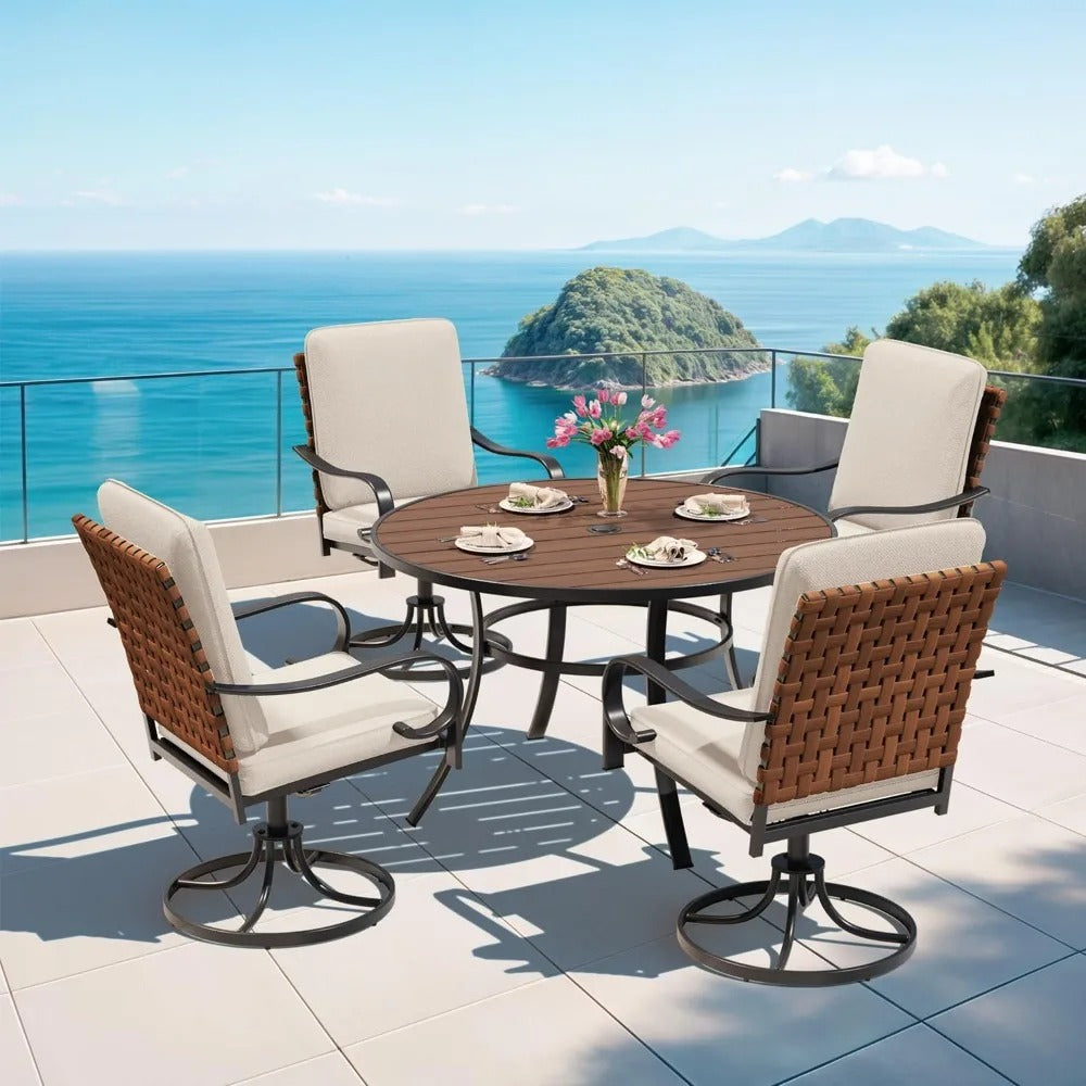 5-Piece Outdoor Dining Set – 4 Swivel Chairs with Cushions & Round Patio Table with Umbrella Hole, All-Weather Rattan Furniture