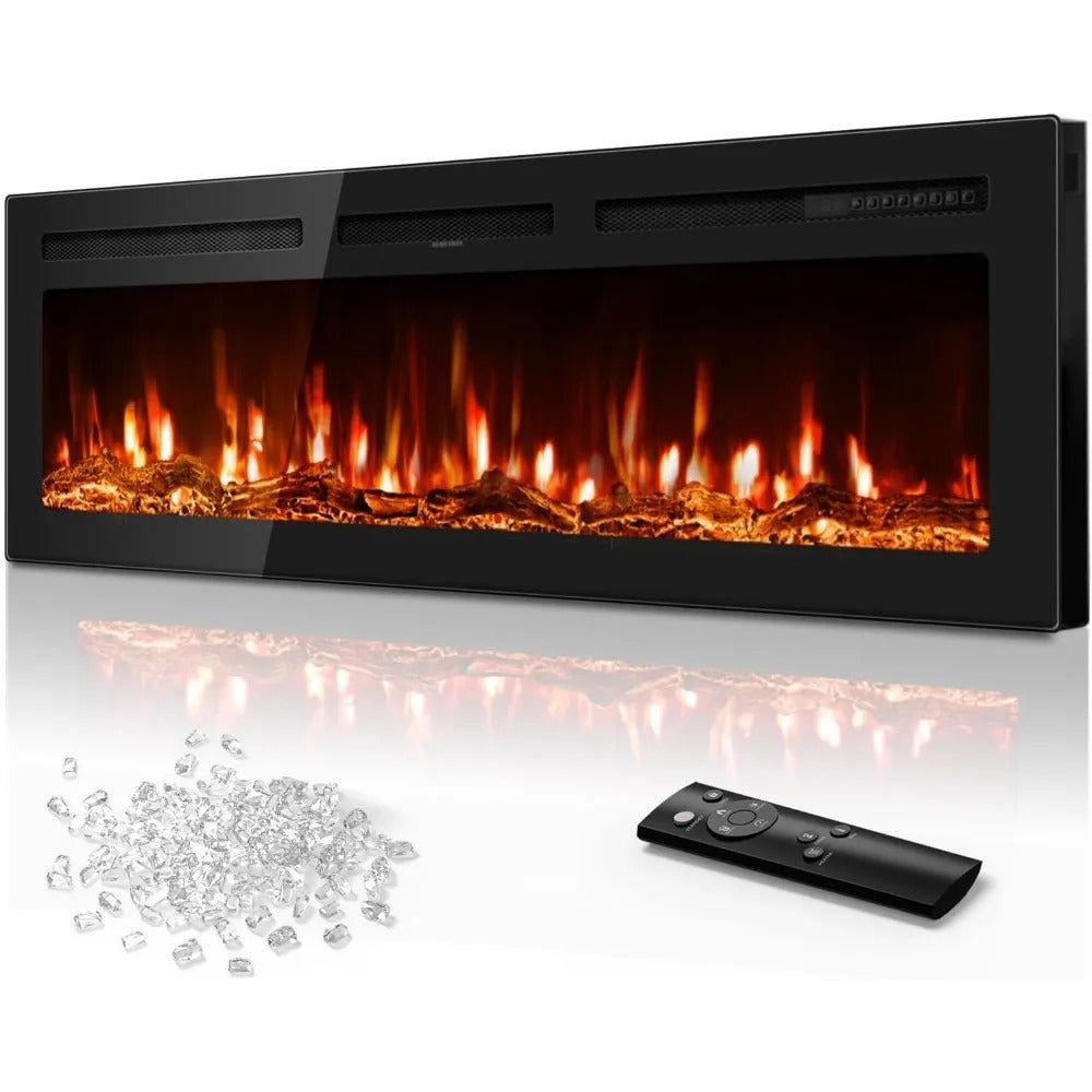 60" Wall-Mounted Electric Fireplace – Ultra-Thin Recessed Heater with 12 Flame Colors & Remote