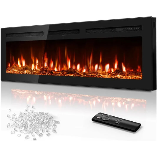 60" Wall-Mounted Electric Fireplace – Ultra-Thin Recessed Heater with 12 Flame Colors & Remote