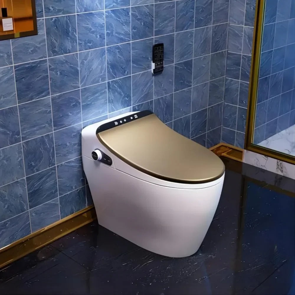 Luxury Gold Smart Toilet with Bidet & Remote – Heated Seat, Air Dryer, Auto Flush & LED Light