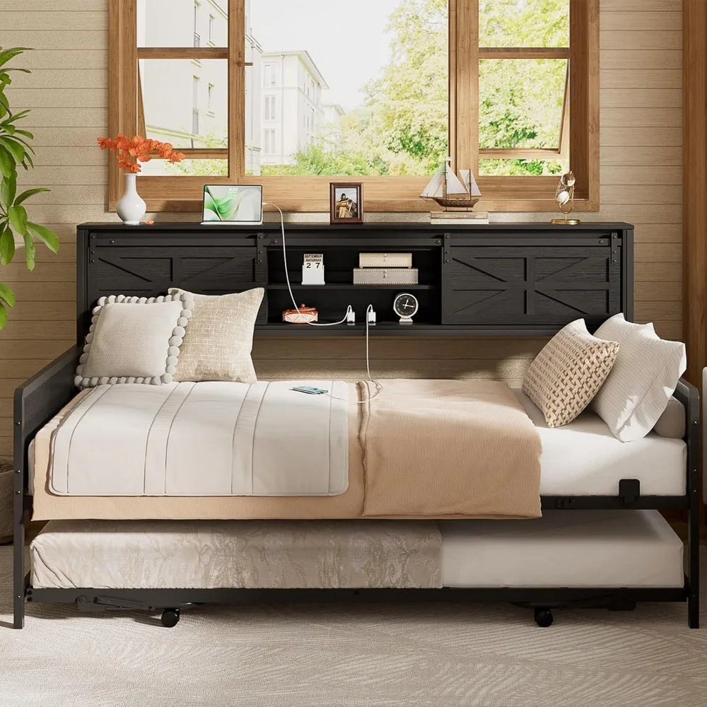 Farmhouse Twin Daybed with Trundle, Bookcase Headboard & Charging Station – Heavy-Duty Metal Sofa Bed Frame with Sliding Barn Doors (Black)